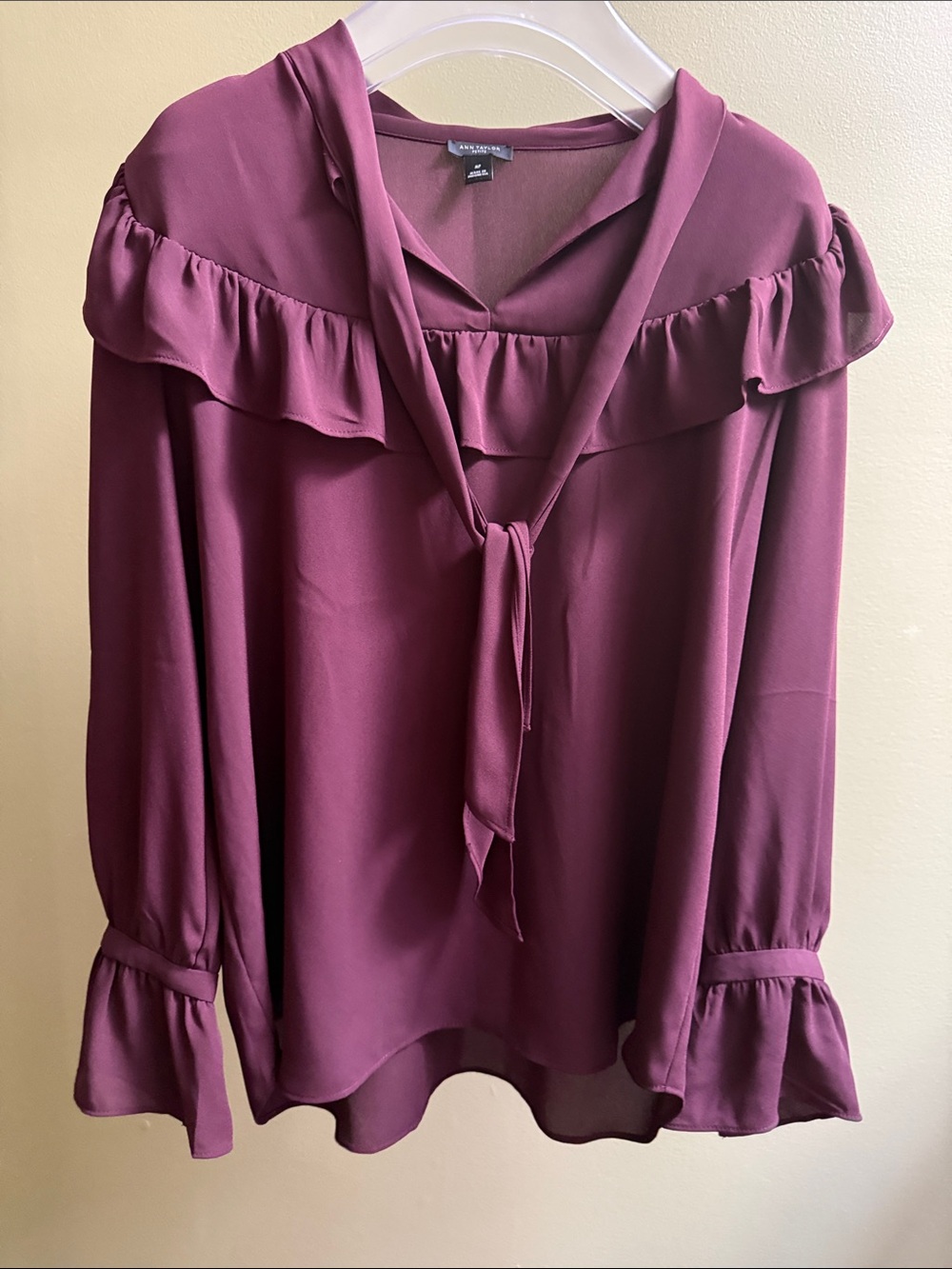 Ann Taylor Plum Ruffle Tie-Neck Blouse
